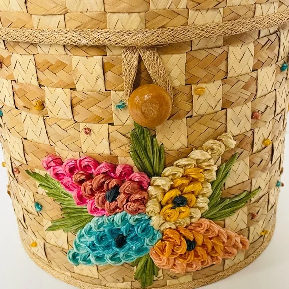 Vintage Mid Century Woven Straw Raffia Tropical Purse Beach Tote Picnic Basket - Picture 4 of 9
